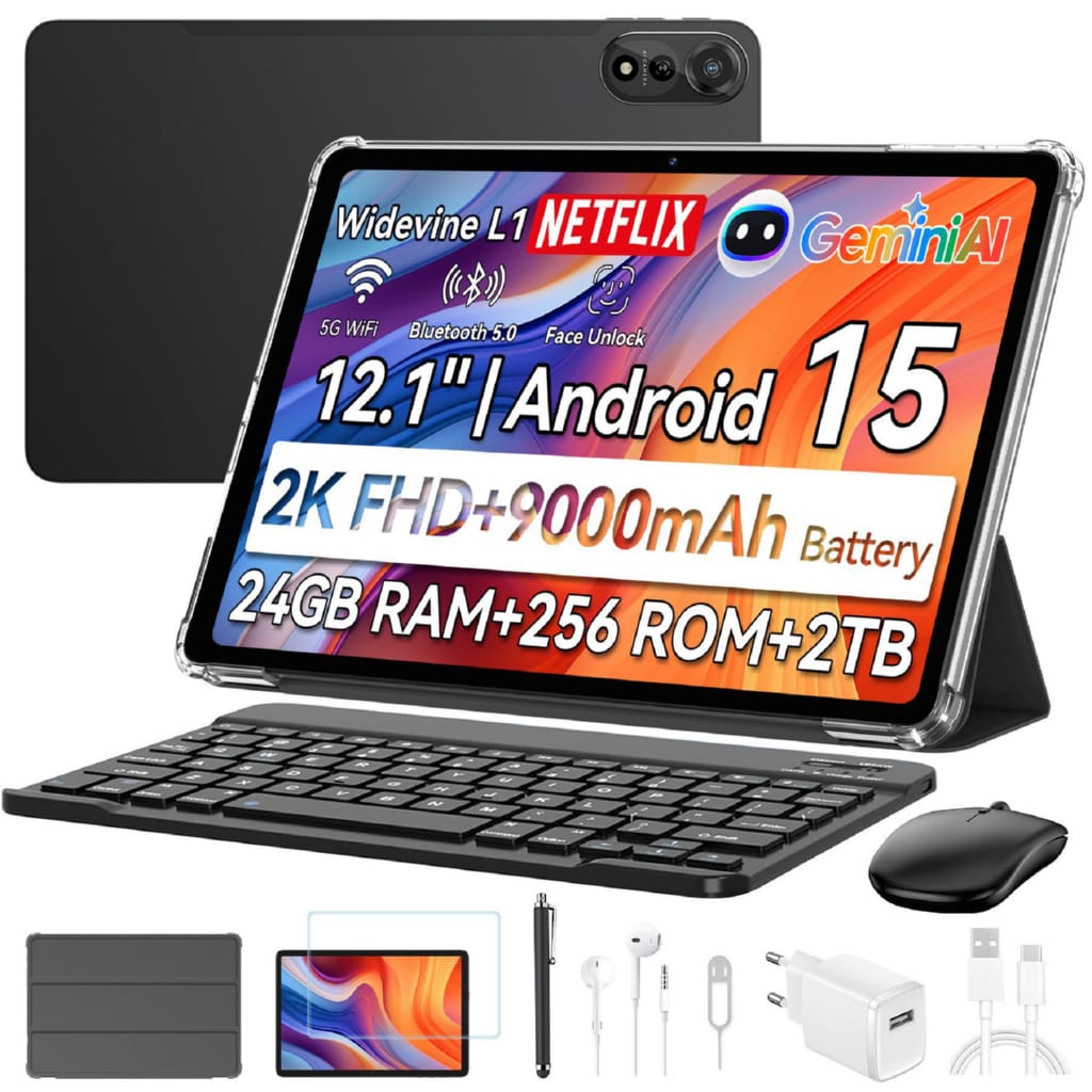 blackview 12“ Mega Android 15 4G LTE incl. Stift/Hülle Tablet Tablet (256 GB, Android 15, 4G LTE, 2.4K, 90 Hz Display, Android 15, 9000mAh, 4G LTE)