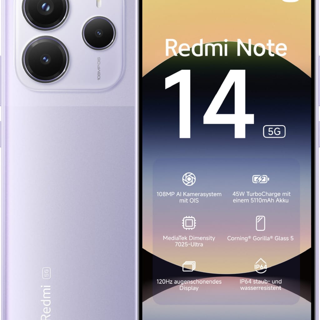Xiaomi Xiaomi Redmi Note 14 5G Lavendellila 8 Gigabyte 256 Gigabyte Smartphone (256 GB Speicherplatz, 108 MP MP Kamera, Built-In GPS,Portable,Dual SIM)
