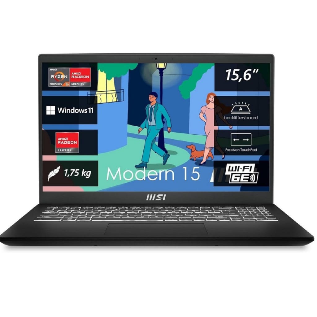 MSI Modern 15 B7M AMD Ryzen 5 - 16GB RAM - 512GB SSD - Windows 11 Home Notebook (39,6 cm/15,6 Zoll, AMD Ryzen 5 7430U, Radeon Graphics, 16 GB, 512 GB SSD)